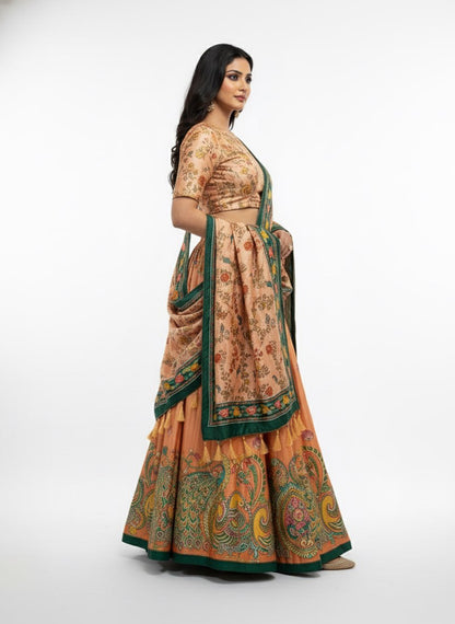 Peach Dola Silk Digital Print Lehenga Choli with Designer Floral Dupatta | Traditional Wedding & Festive Wear