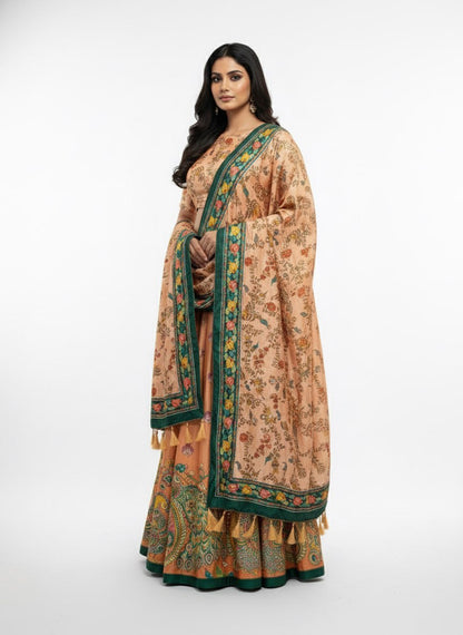 Peach Dola Silk Digital Print Lehenga Choli with Designer Floral Dupatta | Traditional Wedding & Festive Wear