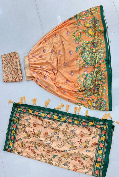 Peach Dola Silk Digital Print Lehenga Choli with Designer Floral Dupatta | Traditional Wedding & Festive Wear
