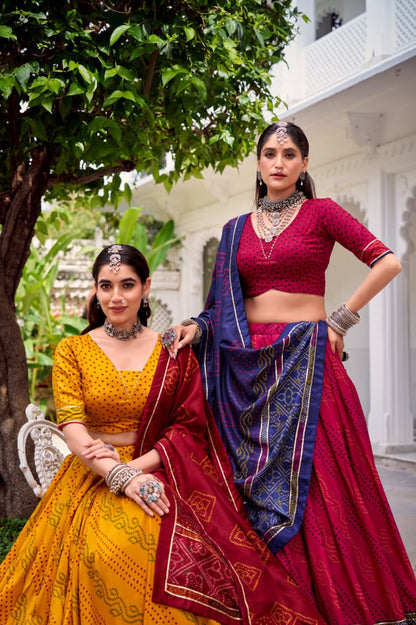 Traditional Bandhani Print Dola Silk Lehenga Choli with Dupatta | Navratri & Festive Wear Collection