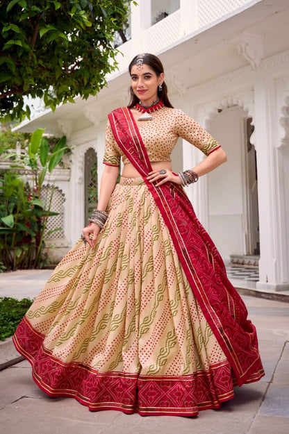 Traditional Bandhani Print Dola Silk Lehenga Choli with Dupatta | Navratri & Festive Wear Collection