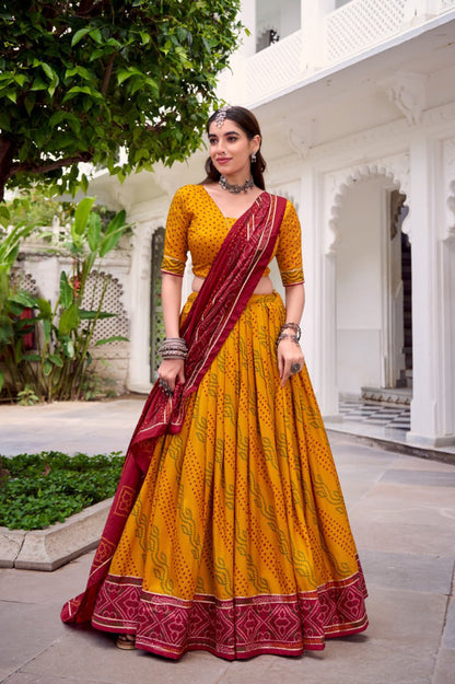 Traditional Bandhani Print Dola Silk Lehenga Choli with Dupatta | Navratri & Festive Wear Collection