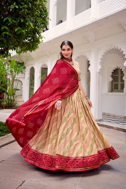 Traditional Bandhani Print Dola Silk Lehenga Choli with Dupatta | Navratri & Festive Wear Collection