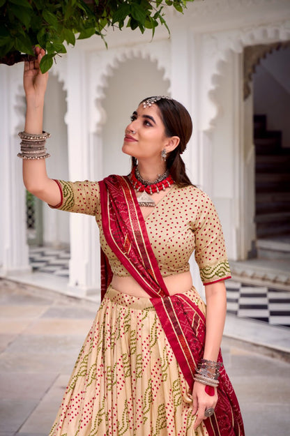 Traditional Bandhani Print Dola Silk Lehenga Choli with Dupatta | Navratri & Festive Wear Collection