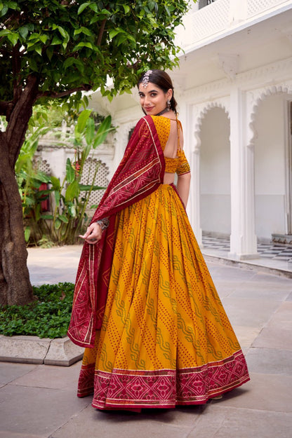 Traditional Bandhani Print Dola Silk Lehenga Choli with Dupatta | Navratri & Festive Wear Collection