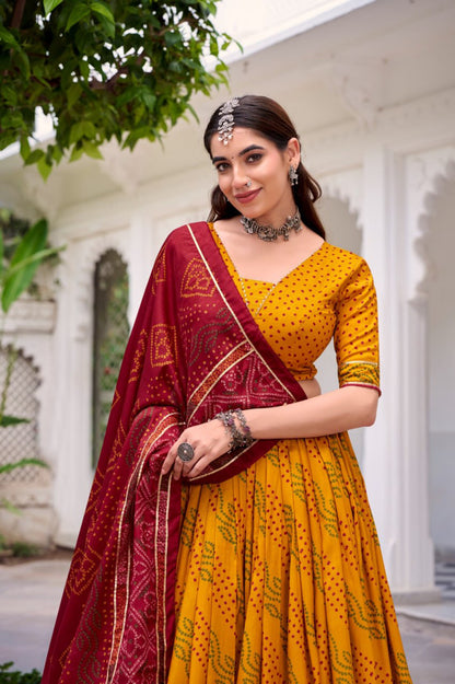 Traditional Bandhani Print Dola Silk Lehenga Choli with Dupatta | Navratri & Festive Wear Collection
