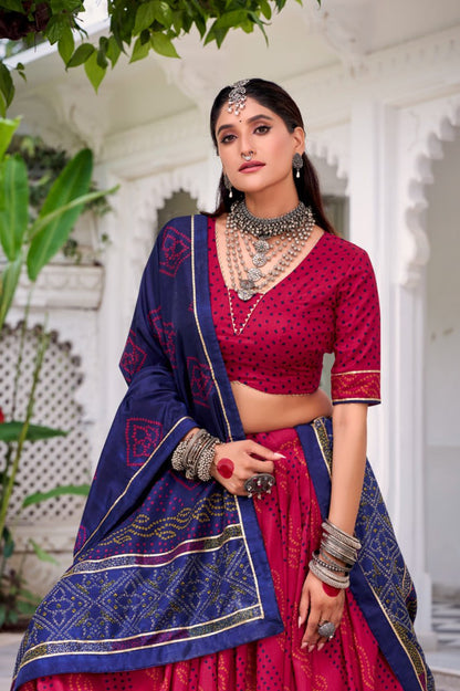 Traditional Bandhani Print Dola Silk Lehenga Choli with Dupatta | Navratri & Festive Wear Collection