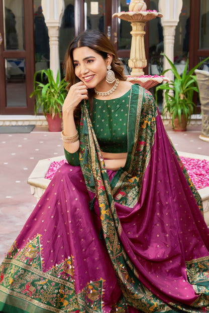 Premium Dola Silk Printed Lehenga Choli with Designer Patola Dupatta – Rani, Bottle Green & Teal Blue