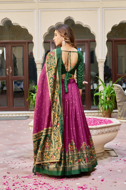 Premium Dola Silk Printed Lehenga Choli with Designer Patola Dupatta – Rani, Bottle Green & Teal Blue