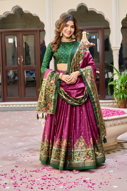 Premium Dola Silk Printed Lehenga Choli with Designer Patola Dupatta – Rani, Bottle Green & Teal Blue