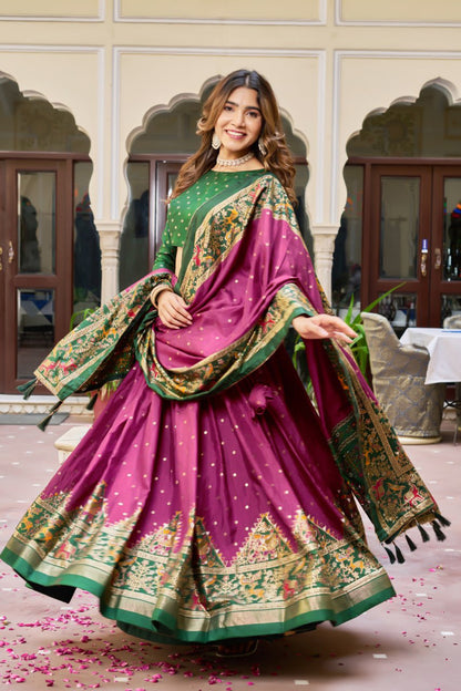 Premium Dola Silk Printed Lehenga Choli with Designer Patola Dupatta – Rani, Bottle Green & Teal Blue