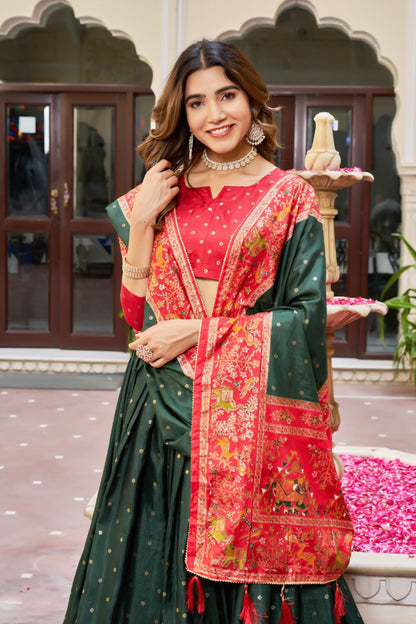 Premium Dola Silk Printed Lehenga Choli with Designer Patola Dupatta – Rani, Bottle Green & Teal Blue