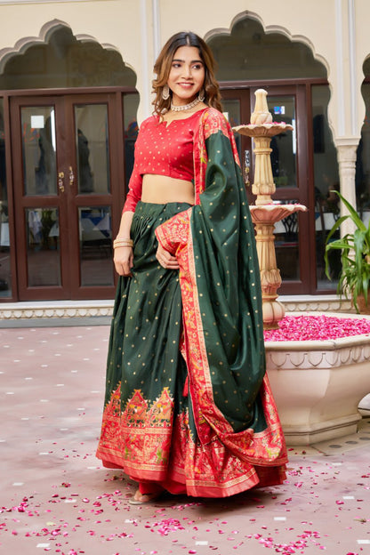 Premium Dola Silk Printed Lehenga Choli with Designer Patola Dupatta – Rani, Bottle Green & Teal Blue