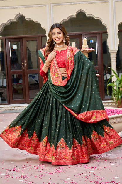 Premium Dola Silk Printed Lehenga Choli with Designer Patola Dupatta – Rani, Bottle Green & Teal Blue