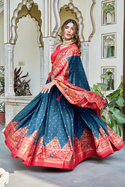 Premium Dola Silk Printed Lehenga Choli with Designer Patola Dupatta – Rani, Bottle Green & Teal Blue