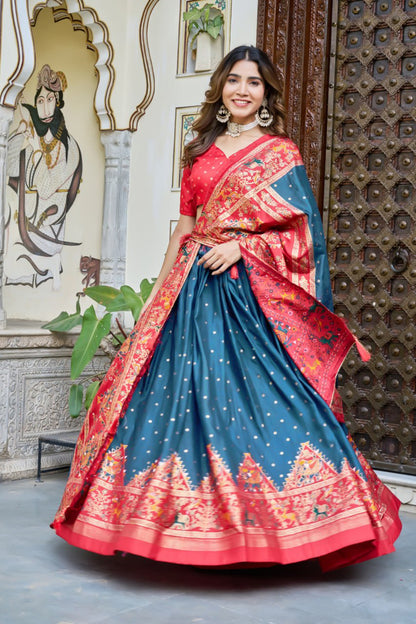 Premium Dola Silk Printed Lehenga Choli with Designer Patola Dupatta – Rani, Bottle Green & Teal Blue
