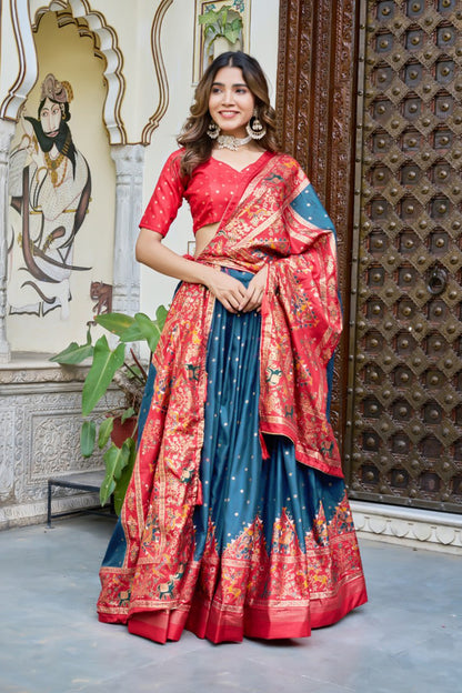 Premium Dola Silk Printed Lehenga Choli with Designer Patola Dupatta – Rani, Bottle Green & Teal Blue