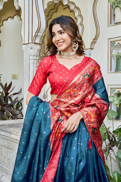 Premium Dola Silk Printed Lehenga Choli with Designer Patola Dupatta – Rani, Bottle Green & Teal Blue