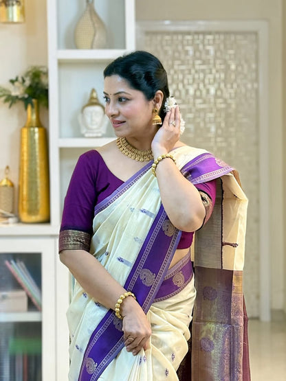 Off White Cotton Silk Saree with Purple Zari Border | Traditional Festive Wear Saree
