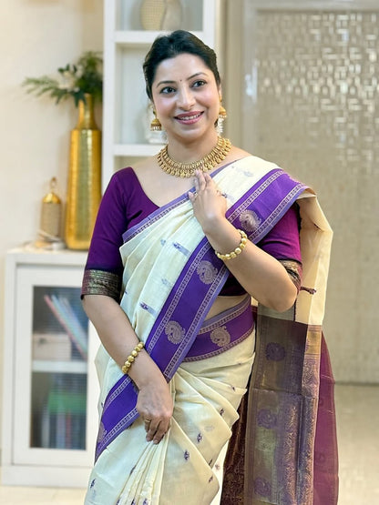 Off White Cotton Silk Saree with Purple Zari Border | Traditional Festive Wear Saree