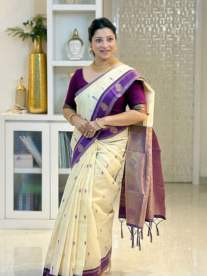 Off White Cotton Silk Saree with Purple Zari Border | Traditional Festive Wear Saree