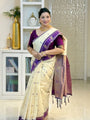 Off White Cotton Silk Saree with Purple Zari Border | Traditional Festive Wear Saree