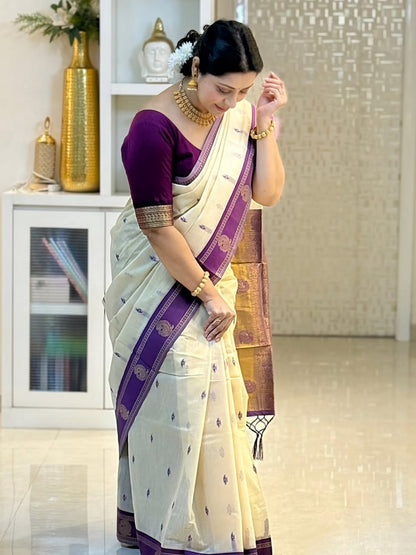 Off White Cotton Silk Saree with Purple Zari Border | Traditional Festive Wear Saree