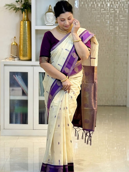 Off White Cotton Silk Saree with Purple Zari Border | Traditional Festive Wear Saree