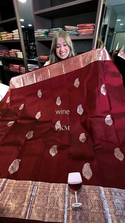 Wine Banarasi Soft Silk Saree for Women | Rich Zari Woven Traditional Saree | Wedding, Party & Festive Designer Saree