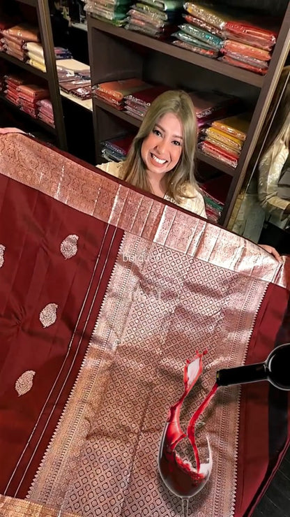 Wine Banarasi Soft Silk Saree for Women | Rich Zari Woven Traditional Saree | Wedding, Party & Festive Designer Saree