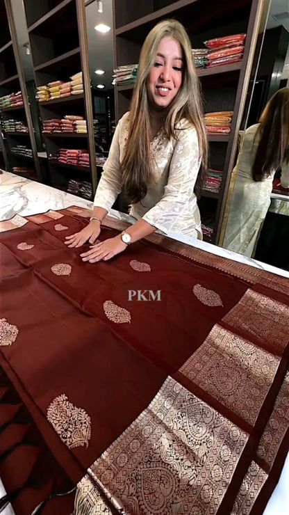 Wine Banarasi Soft Silk Saree for Women | Rich Zari Woven Traditional Saree | Wedding, Party & Festive Designer Saree