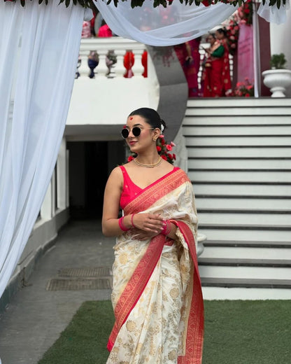 Banarasi Soft Silk Saree for Women | Off White & Pink Zari Woven Traditional Saree | Wedding, Festive & Party Wear Designer Saree