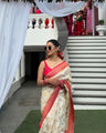 Banarasi Soft Silk Saree for Women | Off White & Pink Zari Woven Traditional Saree | Wedding, Festive & Party Wear Designer Saree