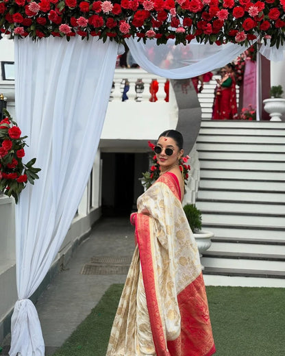 Banarasi Soft Silk Saree for Women | Off White & Pink Zari Woven Traditional Saree | Wedding, Festive & Party Wear Designer Saree