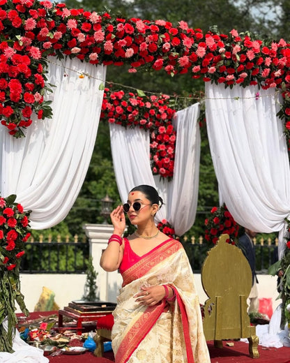 Banarasi Soft Silk Saree for Women | Off White & Pink Zari Woven Traditional Saree | Wedding, Festive & Party Wear Designer Saree