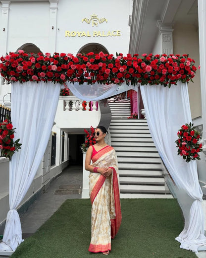 Banarasi Soft Silk Saree for Women | Off White & Pink Zari Woven Traditional Saree | Wedding, Festive & Party Wear Designer Saree