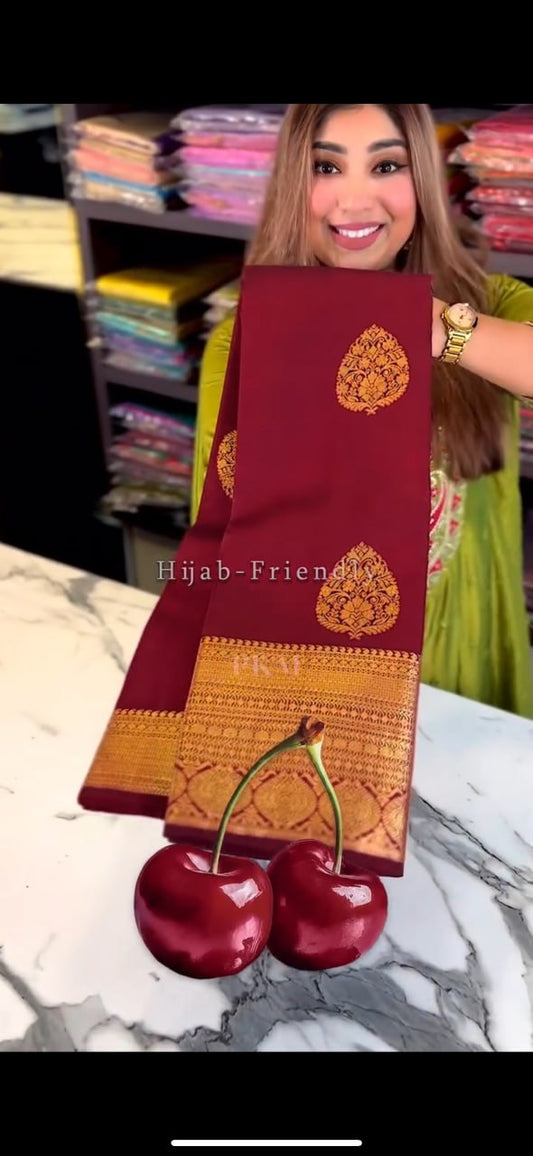Royal Cherry Red Banarasi Soft Silk Saree