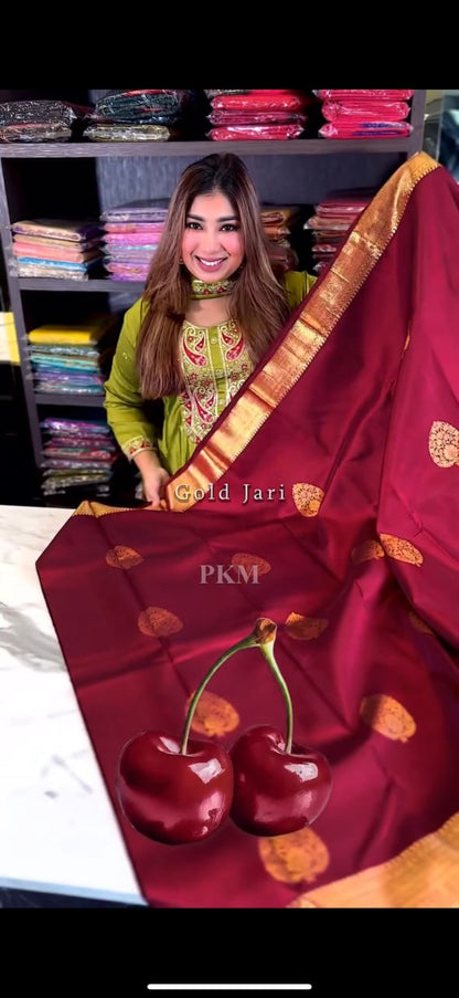 Royal Cherry Red Banarasi Soft Silk Saree