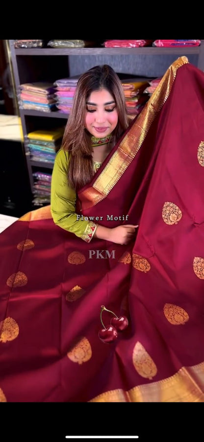 Royal Cherry Red Banarasi Soft Silk Saree