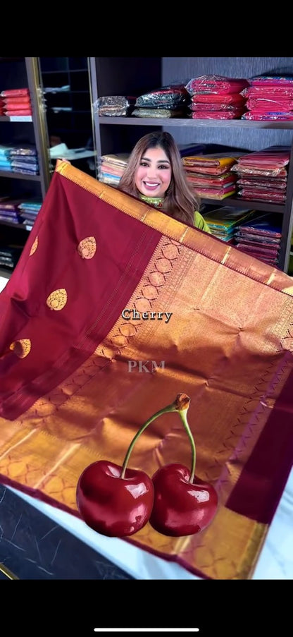 Royal Cherry Red Banarasi Soft Silk Saree