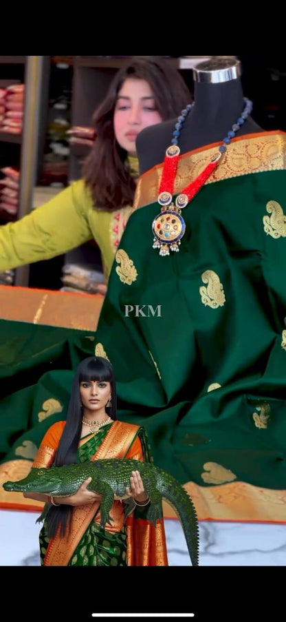 Royal Emerald Green Banarasi Soft Silk Saree