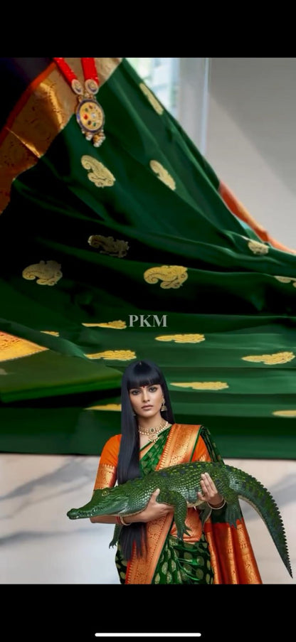 Royal Emerald Green Banarasi Soft Silk Saree