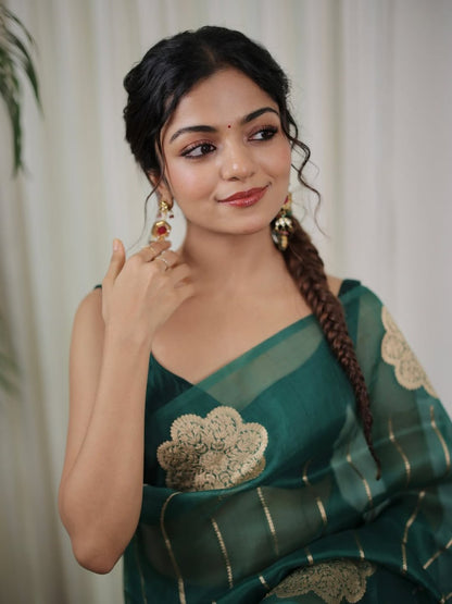 Emerald Bloom Linen Silk Saree