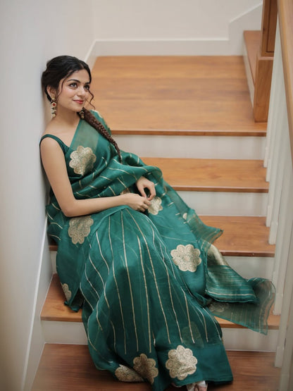 Emerald Bloom Linen Silk Saree