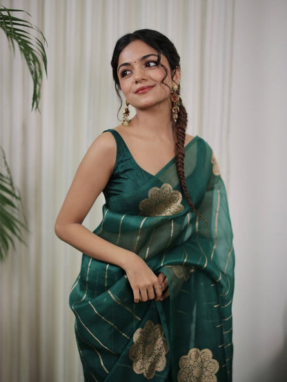 Emerald Bloom Linen Silk Saree