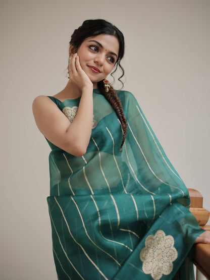 Emerald Bloom Linen Silk Saree