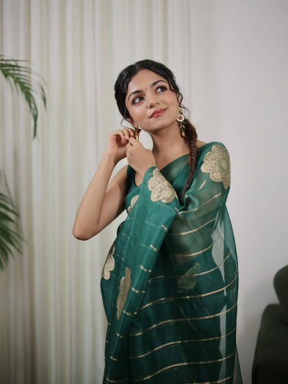 Emerald Bloom Linen Silk Saree