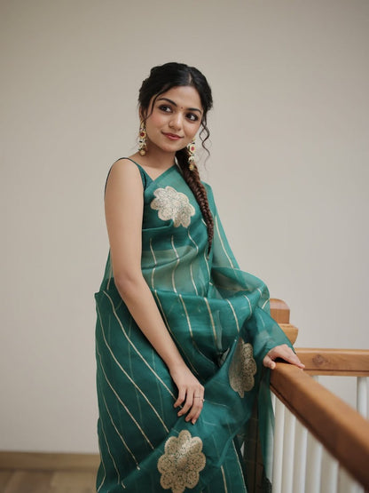 Emerald Bloom Linen Silk Saree