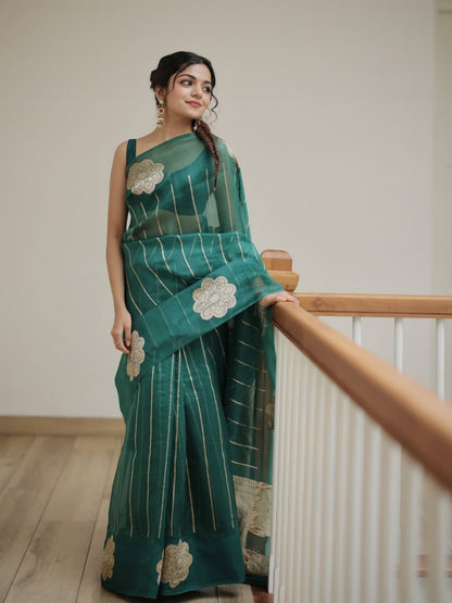 Emerald Bloom Linen Silk Saree