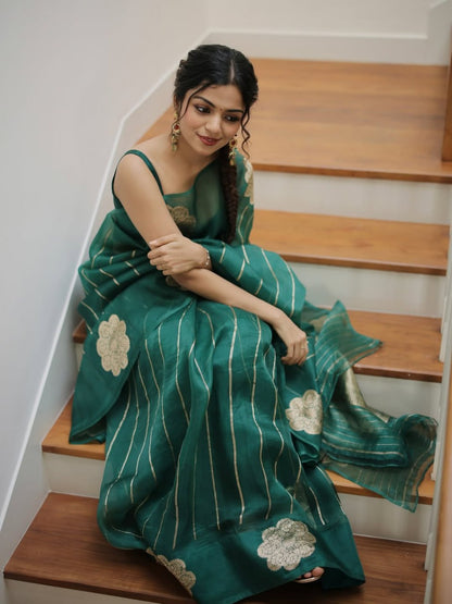 Emerald Bloom Linen Silk Saree